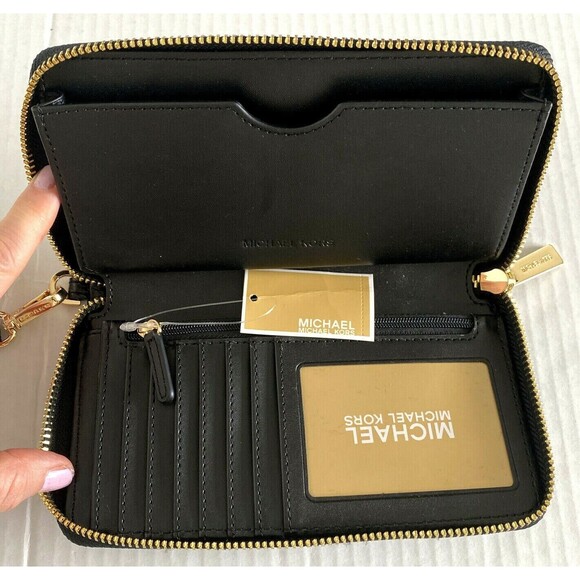 New Michael Kors Jet Set Travel Large Flat phone case Leather Black / Gold - Picture 3 of 4